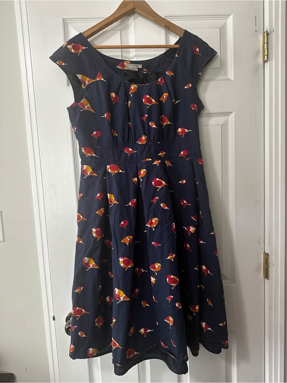 eshakti Navy Midi Dress with Red & Orange Bird Print